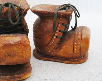 Wooden Boot Folk Art Carving Sculpture, Vintage Miniature Primitive Rustic Home Décor