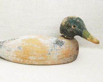 Duck Decoy Primitive Folk Art Vintage Hand Carved with Weathered Patina, Rustic Cabin Home Décor