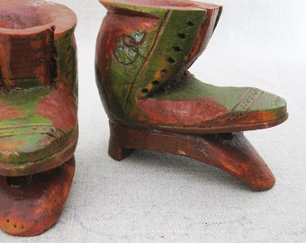 Primitive Folk Art Boot Carving Sculpture, Vintage Wooden Miniature Pair, Rustic Hostess Gift