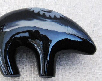 Black Clay Pottery Bear Figurine, Vintage Spirit Animal Sculpture Native American Style Art
