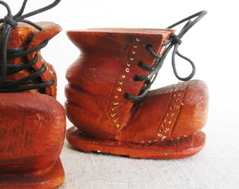 Rustic Folk Art Wooden Boot Carved Sculpture, Miniature Pair Primitive Kids Décor