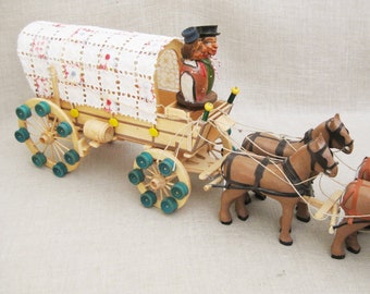 Folk Art Covered Wagon Sculpture, Wooden Horse Drawn Carriage, Vintage Assemblage Rustic Cabin Home Décor