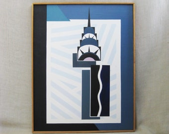 Framed Vintage Architectural Painting of Chrysler Building Original Fine Art New York Landmark