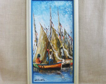 Haitian Sailboat Harbor Landscape Painting, Original Signed Osmin Christophe Framed Fine Art
