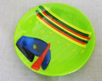 Vintage Fused Slumped Art Glass Bowl Shallow Dish, Serving and Entertaining, Functional Art