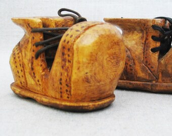 Folk Art Boot Sculpture Wood Carving, Miniature Shoes Primitive Rustic Vintage Home Décor Hostess Gift
