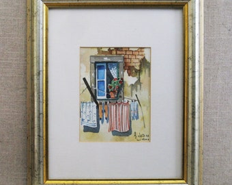 Original European Landscape Painting, Watercolor Framed French Street Scene, Vintage Wall Art Architecture