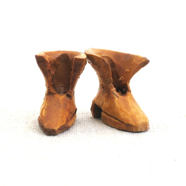 Vintage Miniature Boots Wood Folk Art Carving Sculpture Tree Ornaments Pair Primitive Rustic Décor