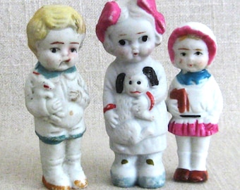 Vintage Bisque Penny Dolls Trio of Girls, Miniatures, Marked Nippon