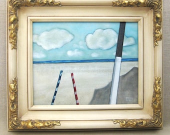 Peaceful Beach Landscape Painting, Original Framed Tropical Wall Art Coastal Casual Beach House Home Décor
