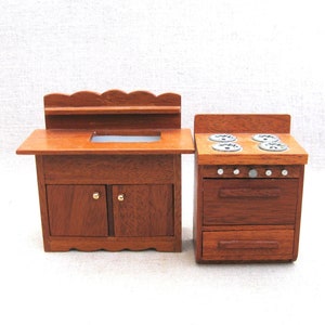Dollhouse Furniture, Miniature Dry Sink and Stove, Handmade Signed and Dated Vintage Toys