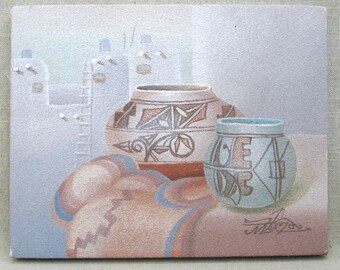Southwestern Still Life Painting, Original Unframed Vintage Wall Art Soft Pastel Home Décor Hostess Gift