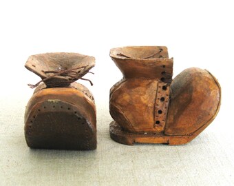 Vintage Carved Wooden Boot, Folk Art Sculpture Miniature Pair Primitive Rustic Décor
