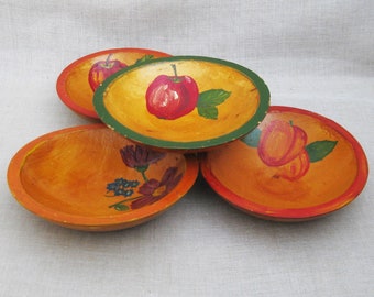 Vintage Wooden Bowl Collection, Rustic Hand Painted Fruit Kitchen, Primitive Home Décor