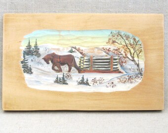 Winter Folk Art Horse Painting, Rosaire Audet, Landscape Wood Carving, Original Wall Hanging Cabin Décor