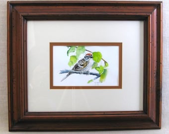 Original Bird Watercolor Painting, Framed Vintage Wall Art, Rustic Cabin Cottage Home Décor