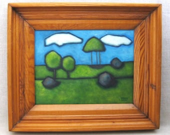Colorful Landscape Painting Original of Rolling Hills, Framed in Vintage Wooden Frame, Fine Art Home Décor