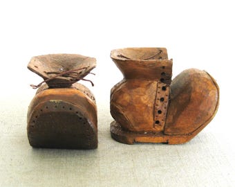 Folk Art Vintage Wooden Boot Carving Miniature Shoe Sculpture Primitive Rustic Home Décor