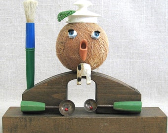 Folk Art Male Figure Bust Assemblage, Found Object Sculpture, Odd Desk Organization and Unusual Gift of Art