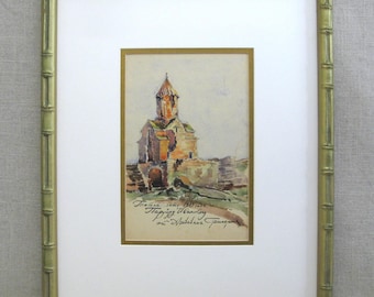 Armenian Architectural Watercolor Painting, Original Framed Landscape Vintage Rendering Wall Art Décor Gift