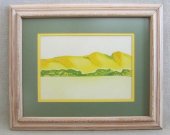 Colorful Landscape Original Watercolor Painting, Framed Vintage Wall Art Rustic Cabin Home Décor