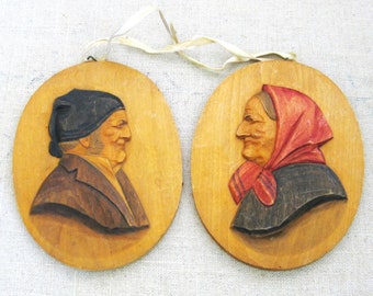 Folk Art Carved Male Female Portrait Plaques, Vintage Wooden Wall Art European Home Décor