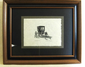 Etching Amish Buggy Horse Carriage, Original Signed Harlan Scheffler, Framed Wall Art Vintage Farm and Cabin Décor
