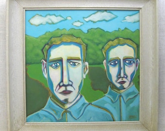 Surreal Male Portrait Painting, Original Twins Framed Masculine Wall Art