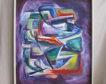 Large Colorful Abstract Painting, Original Mid-Century, Framed Wide Profile Vintage Wall Art