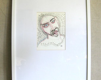 Modern Surreal Male Portrait Watercolor Painting, Framed Original Contemporary Wall Art