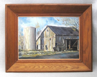 Rural Landscape Painting of Rustic Barn, Original Framed Country Wall Art Home Décor