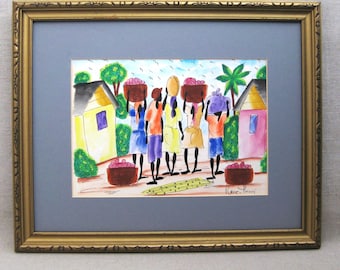 Haitian Watercolor Landscape Painting, Original Female Portrait Signed Pierre Henry, Framed Tropical Home Décor