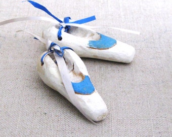 Miniature Ballet Shoes, Wood Folk Art Carving Tree Ornament, Vintage Primitive Rustic Décor