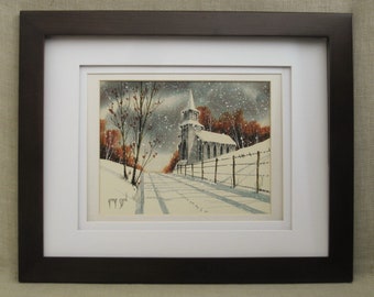 Winter Landscape Watercolor Painting, Original Vintage Religious Church, Framed Wall Art, Signed George Sperl