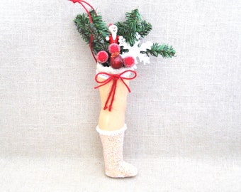 Folk Art Tree Ornament Vintage Doll Leg in Sheer Stocking Christmas Boots Odd and Unusual Holiday Hostess Gift