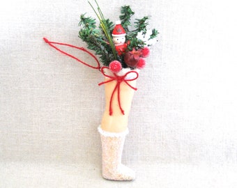 Folk Artist Made Christmas Tree Ornament Vintage Doll Leg in Sheer Stocking Boots Odd and Unusual Holiday Décor