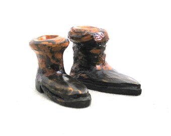 Vintage Miniature Boots Wooden Shoe Folk Art Carving Sculpture Primitive Rustic Décor