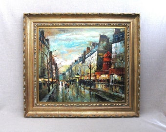 Paris French Street Scene Landscape Painting, Original Vintage European City Framed Wall Art