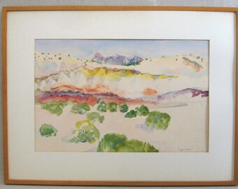 Colorful Desert Landscape Watercolor Painting, Original Framed Vintage Madrid New Mexico Wall Art
