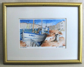 Sailboat Waterfront Urban Landscape Painting, Original Watercolor, Framed Wall Art, Vintage Beach House Nautical Coastal Décor