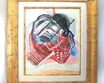 Large Contemporary Surreal Male Abstract Portrait, Original Framed Wall Art, Vintage Home Décor