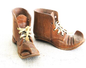 Folk Art Boot Wood Carving Sculpture, Miniature Pair Vintage Primitive Rustic Home Décor Hostess Gift