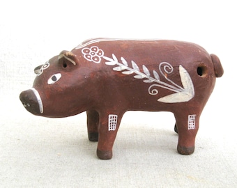 Vintage Folk Art Ocarina Flute, Ceramic Pig Figural Latin American Tribal Musical Instrument