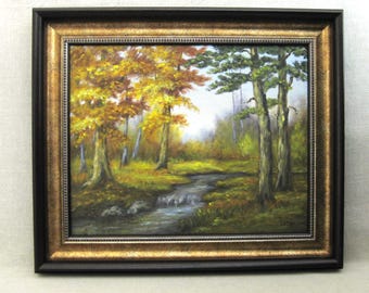 Vintage Fall Landscape Painting, Framed Original Autumn Woodlands, Rustic Cabin Décor