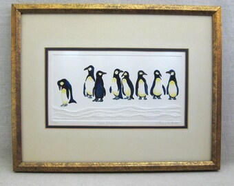 Penguin Wall Art, Original Watercolor Painting, Framed Vintage Home Décor, Signed Laura M Batt