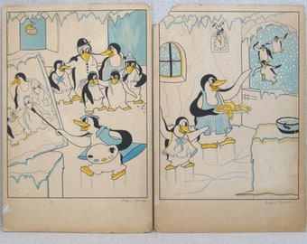 Mid-Century Penguin Illustration Drawing, Original Nursery Home Décor Vintage Wall Art Evelyn Lipman