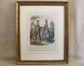 Large Fashion Illustration, Framed Female Portraits, Hand Colored Antique Engraving Wall Décor