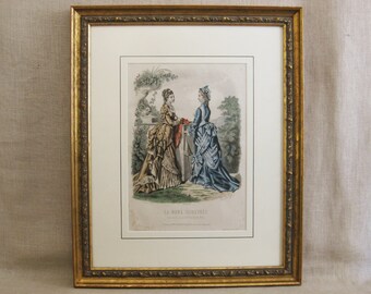 Vintage Fashion Illustration Hand Colored Antique Engraving, Framed Female Portraits Wall Décor