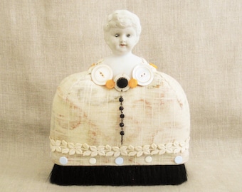Folk Art Female Portrait Bust Sculpture, Pin Cushion Doll Vintage Ceramic Head Sewing Room Supplies
