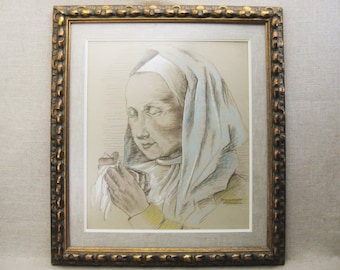 Vintage Female Portrait Drawing by Margaret Aaberg, Pastels Framed Original Fine Art